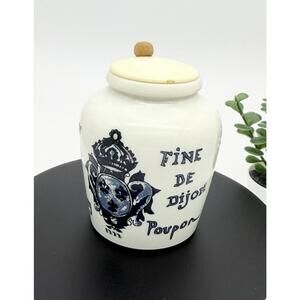 Vintage MOUTARDE DE DIJON Grey Poupon Mustard Jar w/ Lid Spoon White Milk Glass